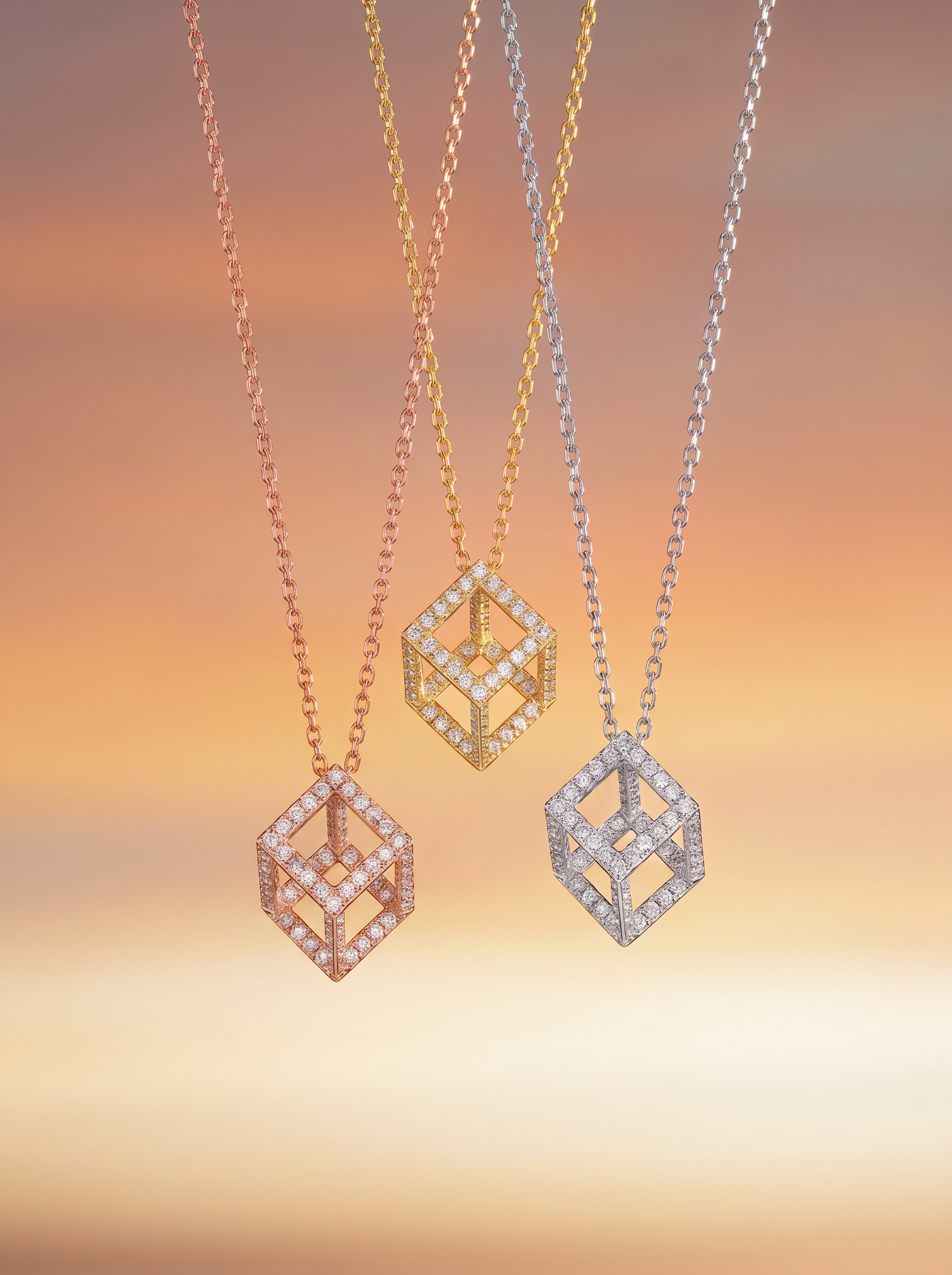 Three Cube Mirage Icon pavé necklaces in rose, yellow and white gold